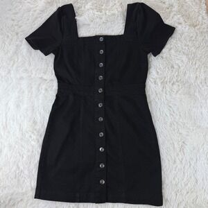 Girl-ish Small Black Button Front Mini Jean Dress Square Neck Cute Festival Chic